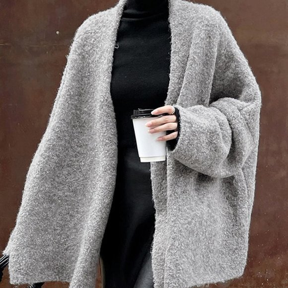 . Sweaters - Grey Casual Womens Solid Open Front Batwing Sleeve Cardigan